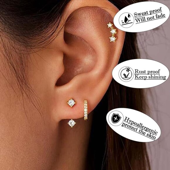 Gold Stainless Steel Flat Back Earrings Set for Sensitive Ears - Hypoallergenic, - Picture 4 of 6